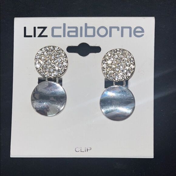 Liz Claiborne Gold and Silver Clip-On Drop Earrings Pave’ - Picture 2 of 4